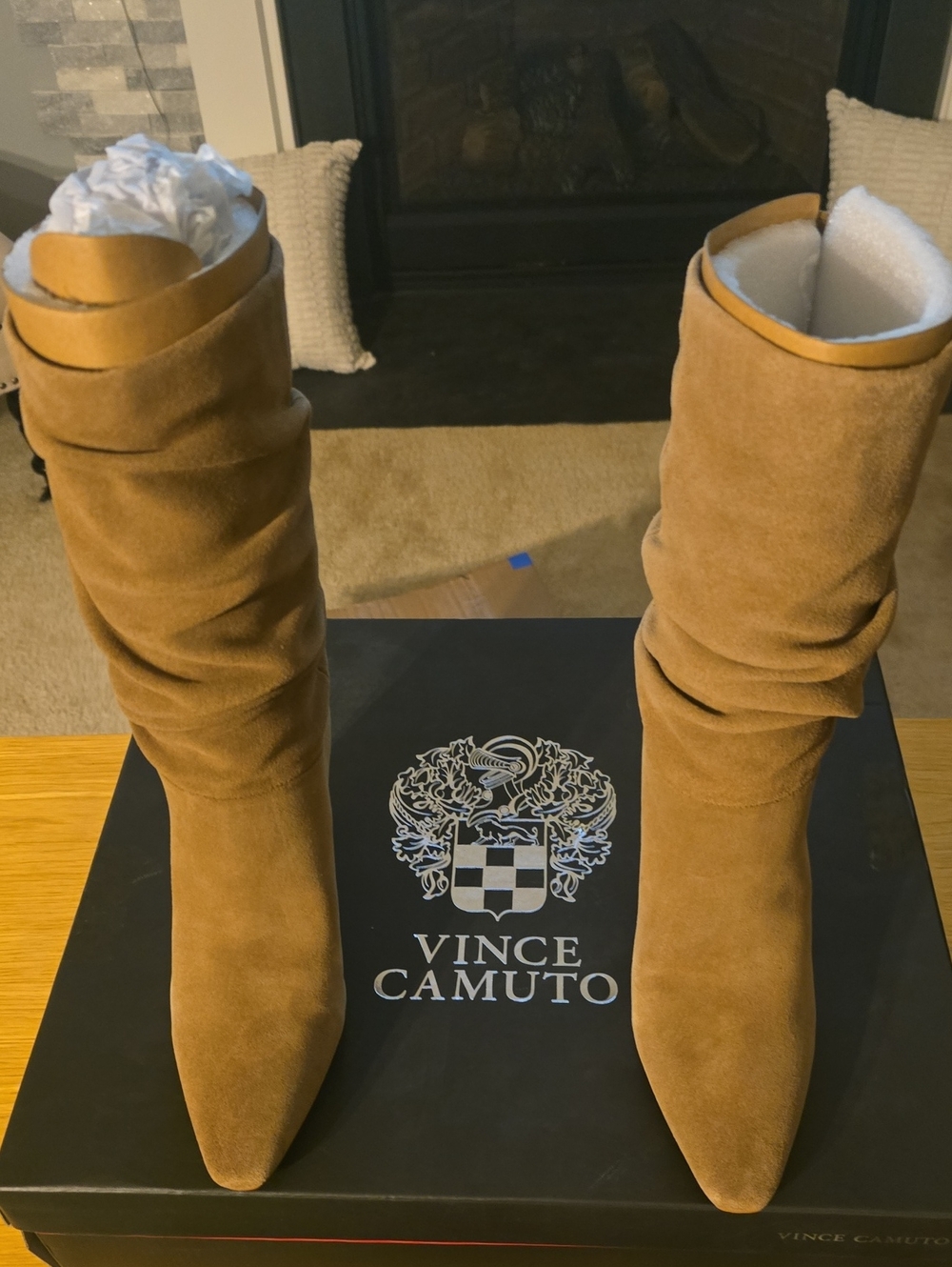 Vince Camuto Camel Suede Slouchy Pointed-Toe Mid-Calf Boots